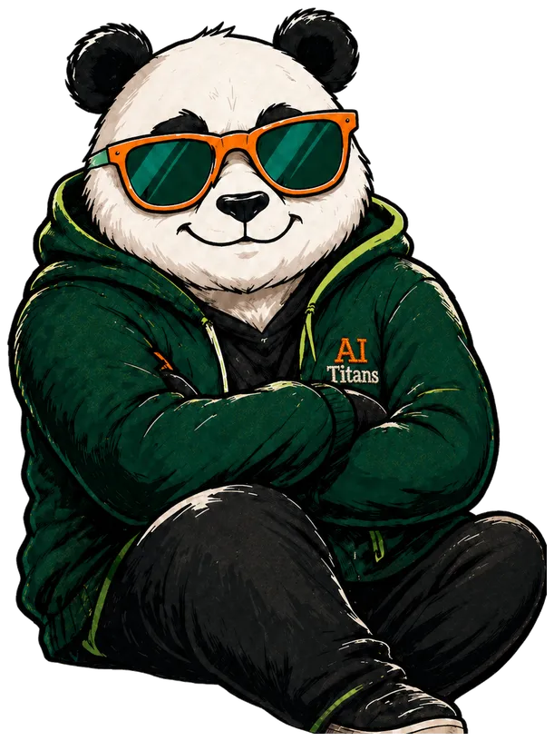 The AI Titans panda mascot, sitting back relaxed in a green AI Titans hoodie and orange sunglasses